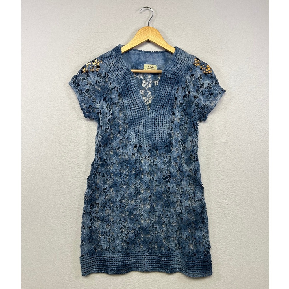 Boho Festival Natural Impressions Womens M Blue Tie Dye Crochet Lace Tunic Top